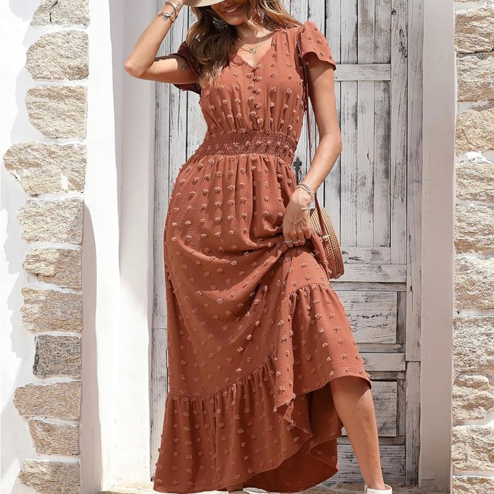 Womens Dresses Boho Short Sleeve V Neck Dot Ruffle Maxi Small